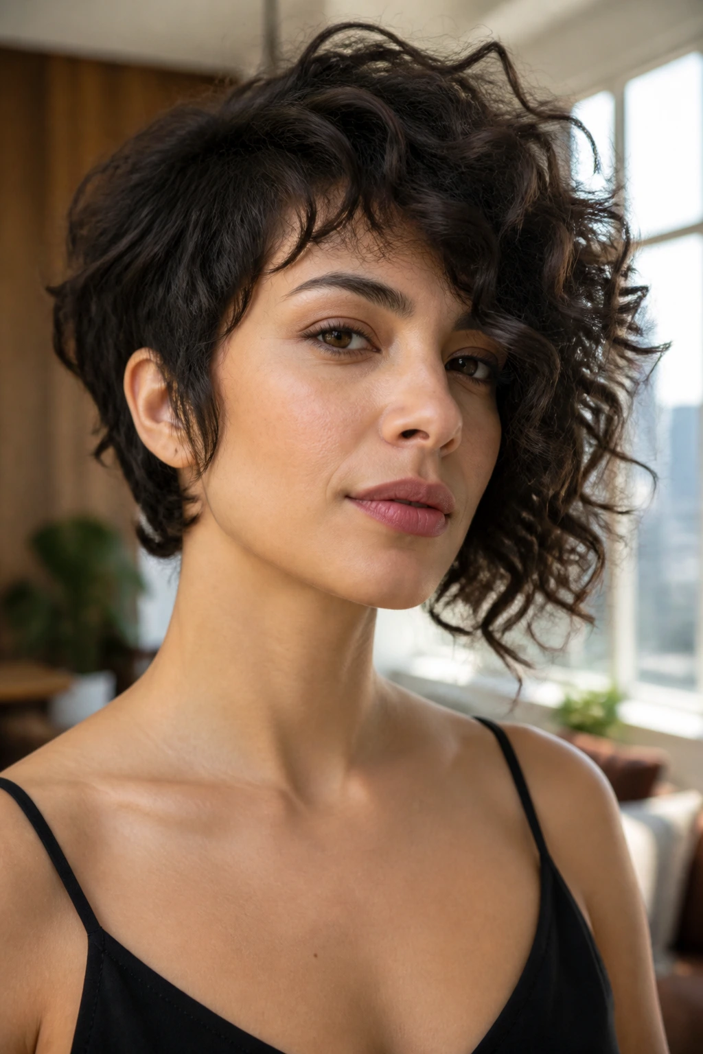 Close-up of a real woman with an asymmetrical razor-cut bob, short side and long curling side, window-lit setting.