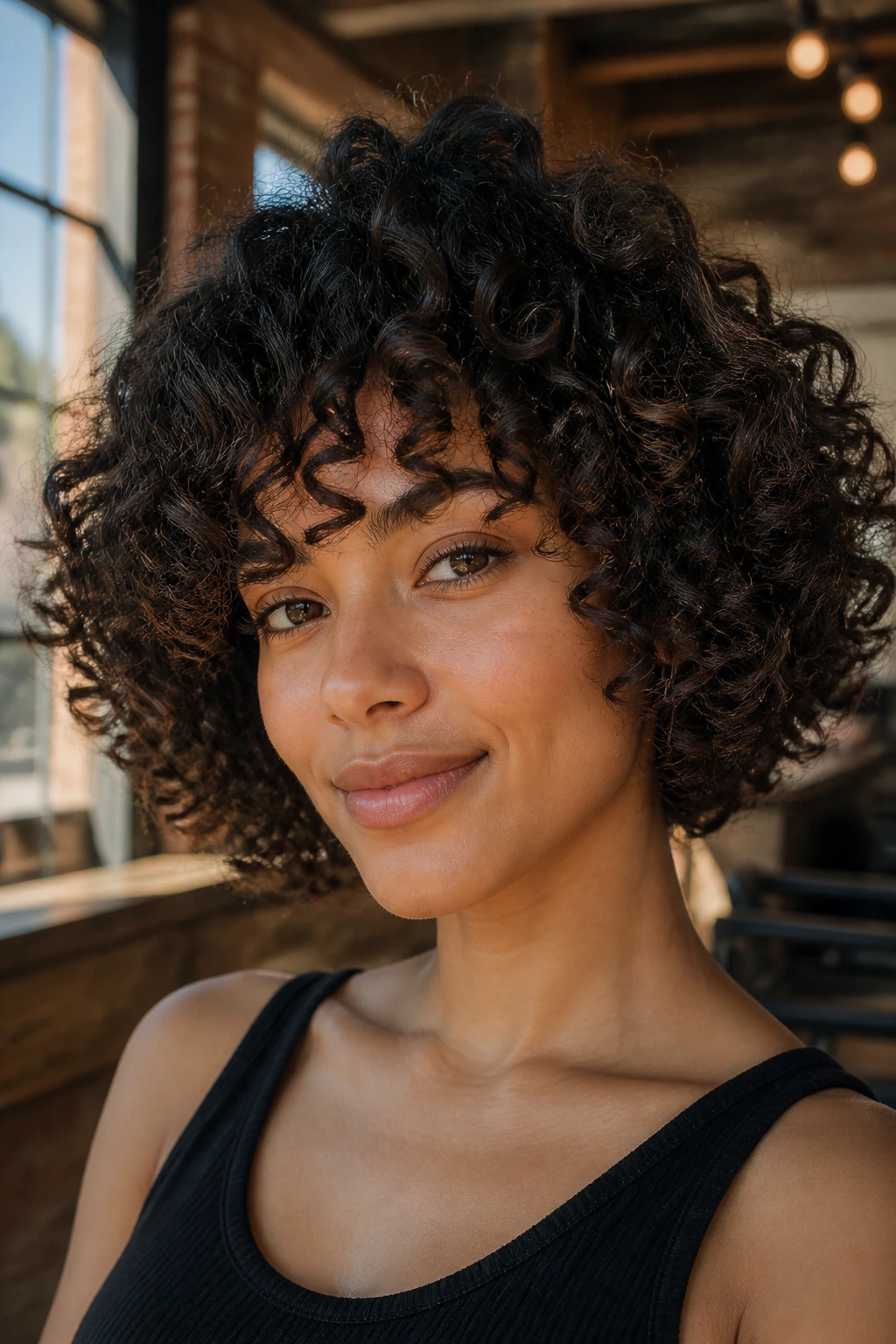 Close-up of a woman with a razor-cut bob showing feathered edges on thick curls