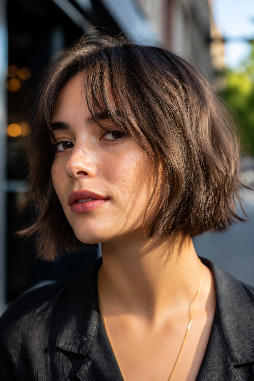 Close-up portrait of a real person with a razor-cut choppy bob