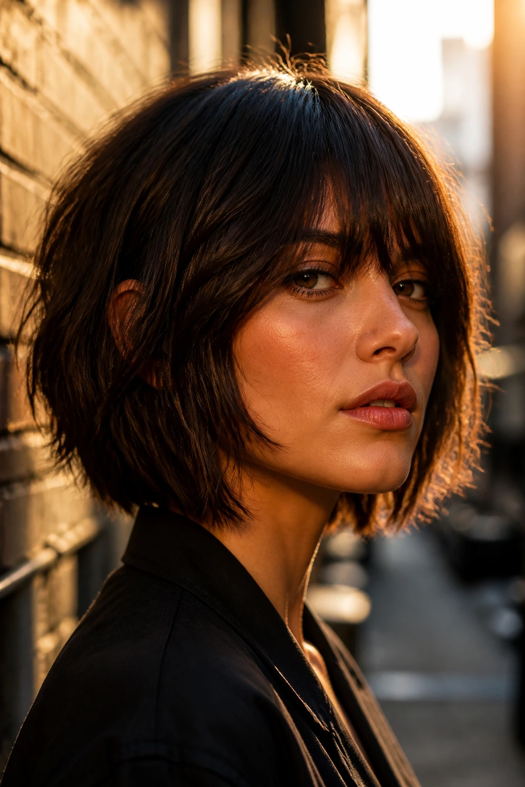 Close-up of a real woman with razor-cut bob and heavy curtain bangs in an urban setting