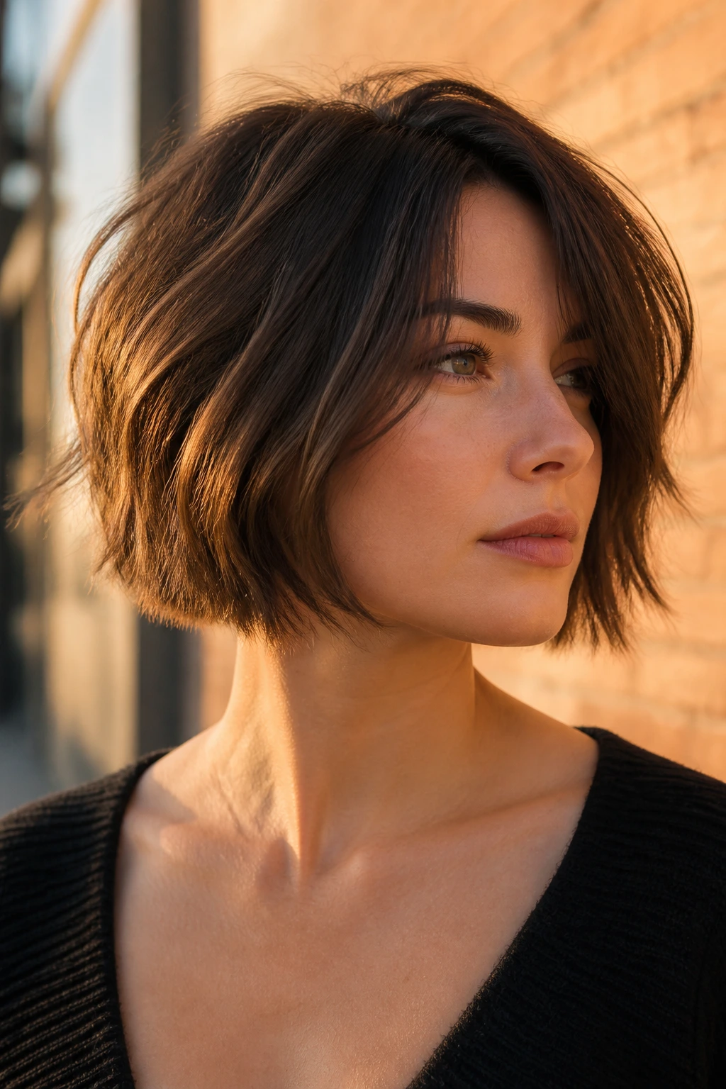 Real woman with razor-cut bob and feathered ends on urban street at golden hour