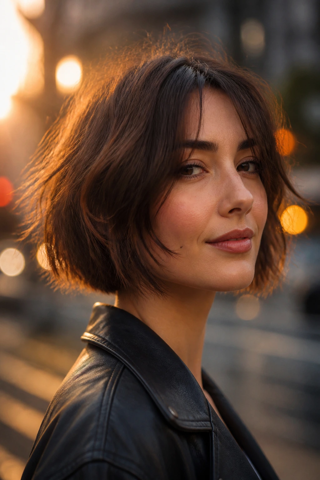 Portrait of a woman with a textured razor-cut bob featuring feathered ends.