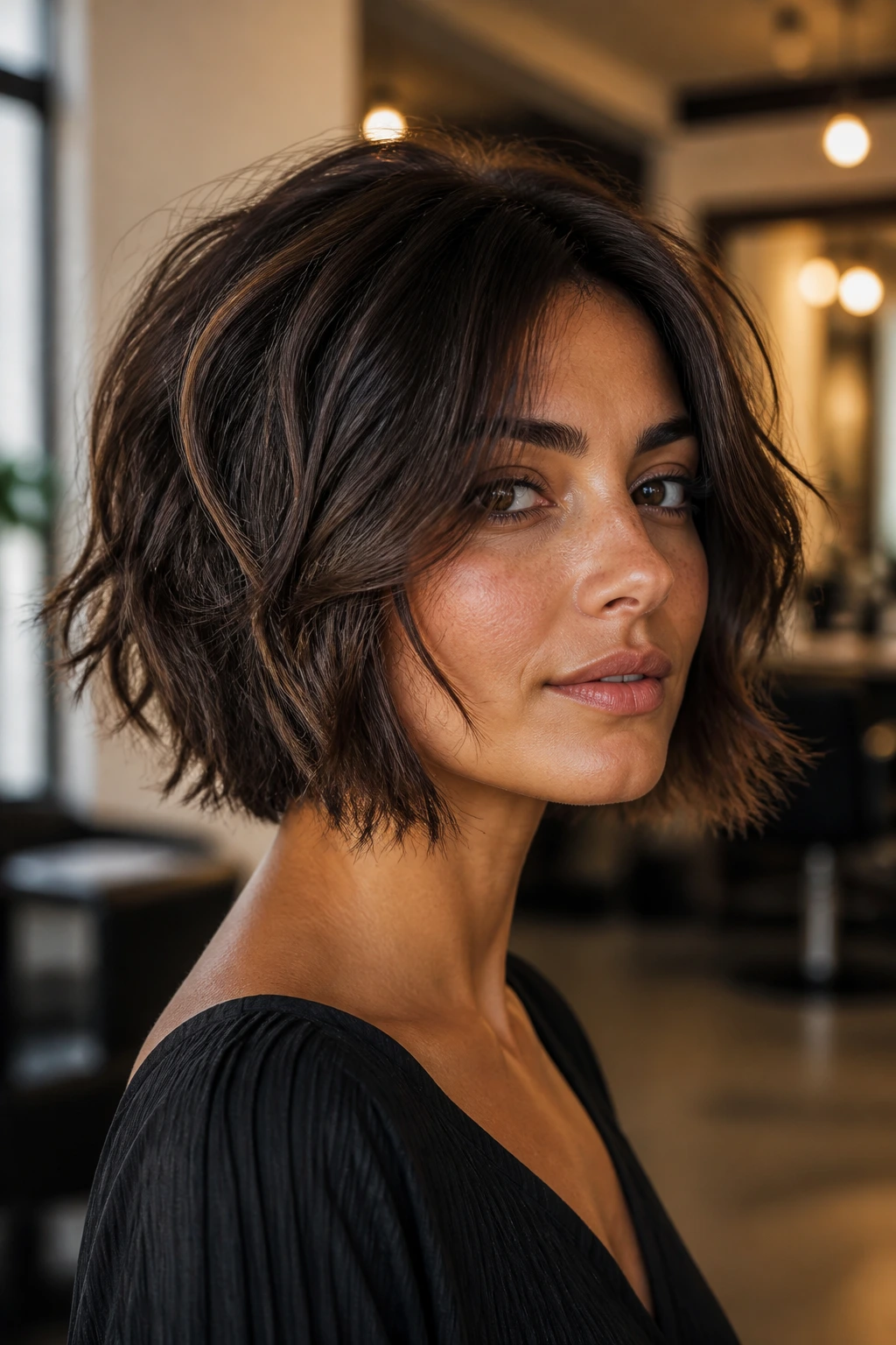 Close-up of a real woman with a razor-cut texturized brunette bob in a warm salon.