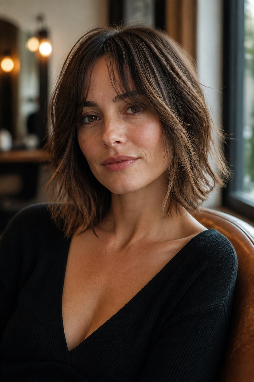 Close-up portrait of a real woman with a razor-cut textured bob and wispy curtain bangs in a cozy salon.