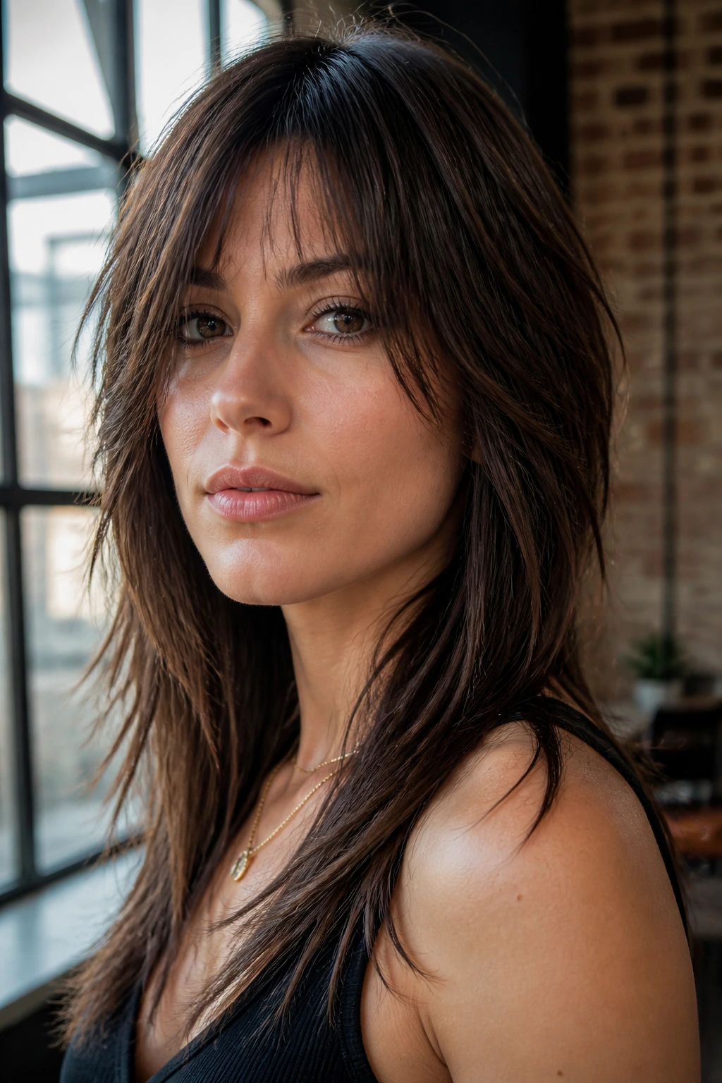 Close-up of a real woman with razor-cut choppy layers in natural daylight.