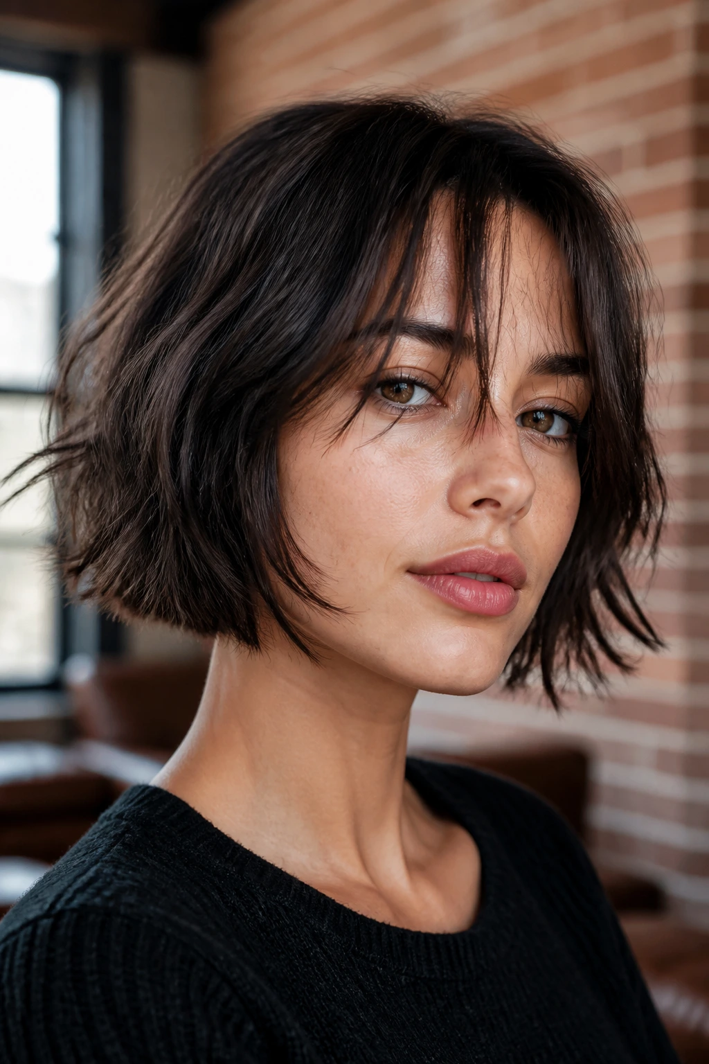 Real woman with edgy razor-cut bob and wispy bangs in urban loft light