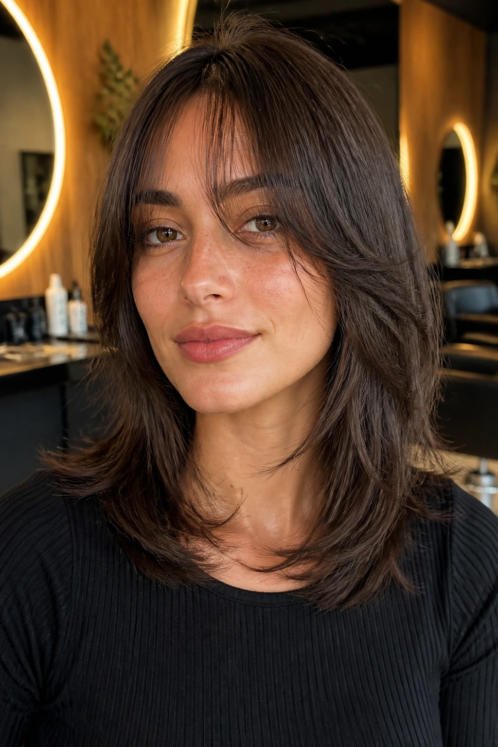 Close-up of a real woman with razor-cut split feathered bangs in a warm salon