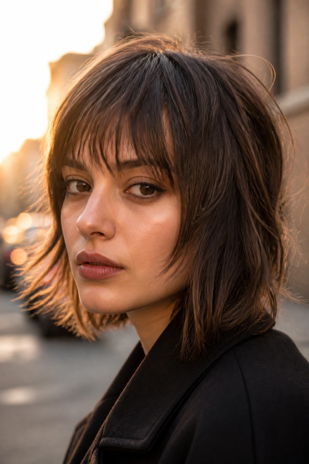 Portrait of a real woman with Feathered Razor-Cut Edge Fringe showing razor-cut feathered edge across forehead.