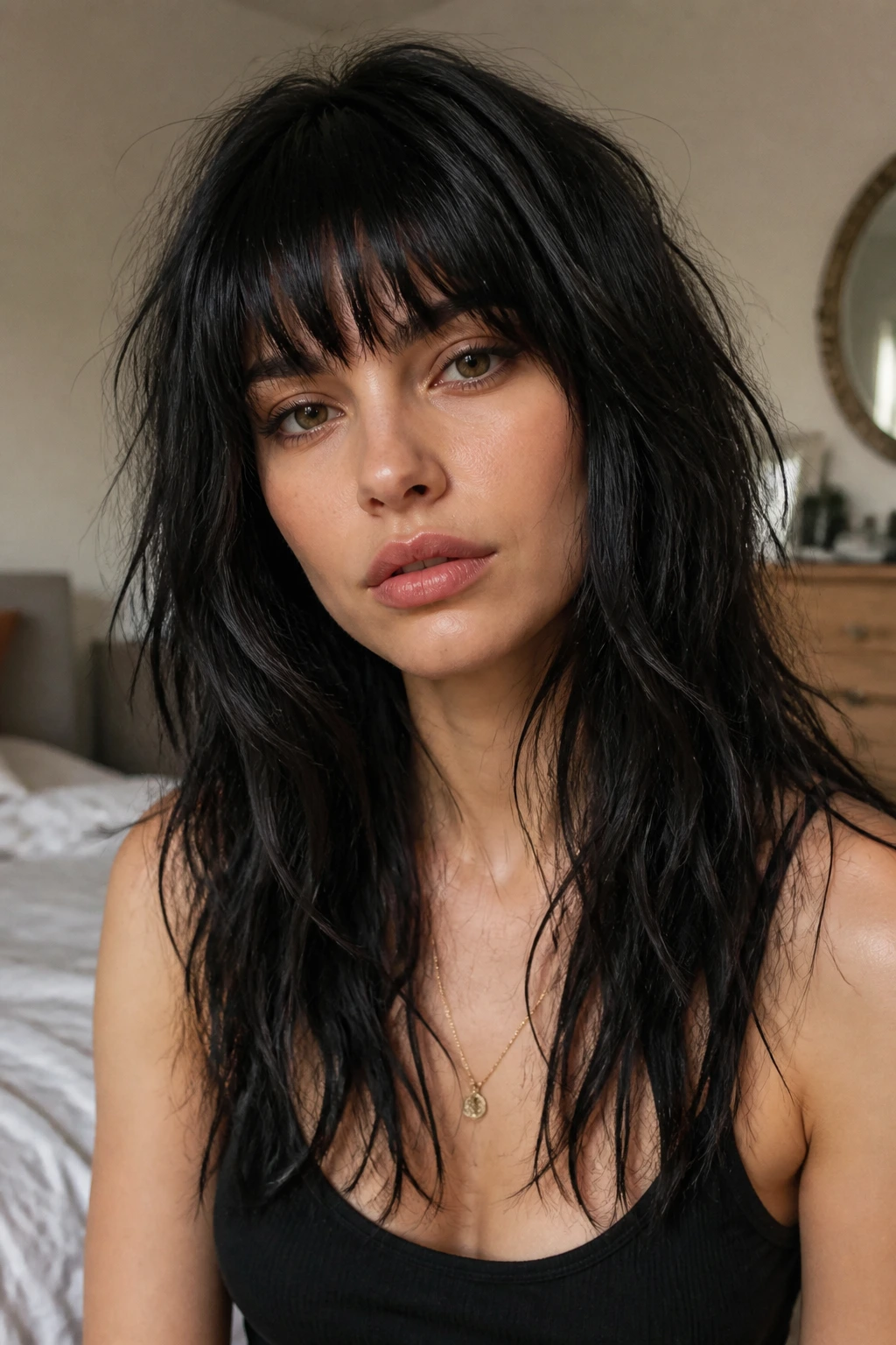 Close-up of a real woman with jagged fringe and bedhead waves in natural window light