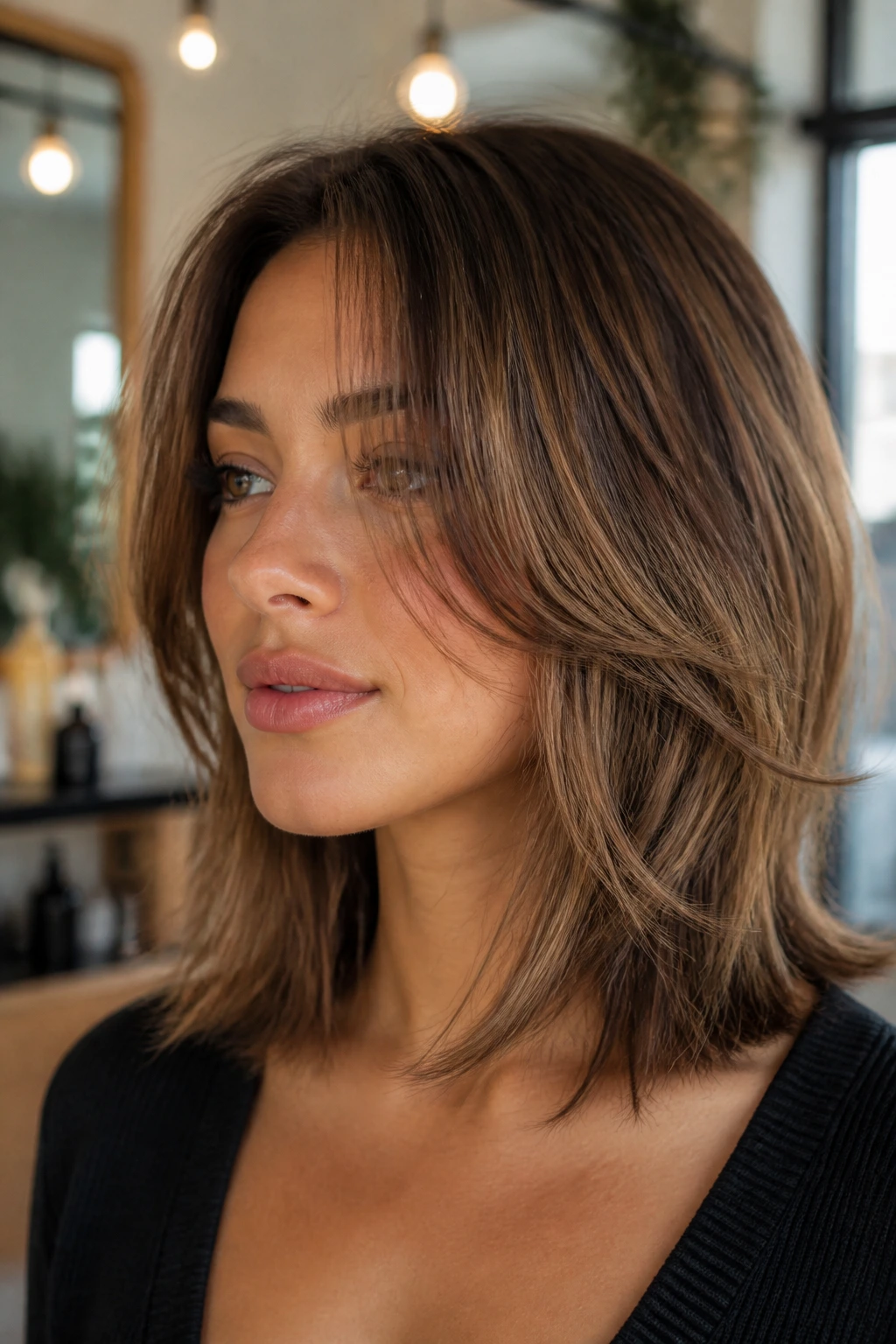 Close-up portrait of razor-cut face-framing layers on a real person with wispy feathered ends