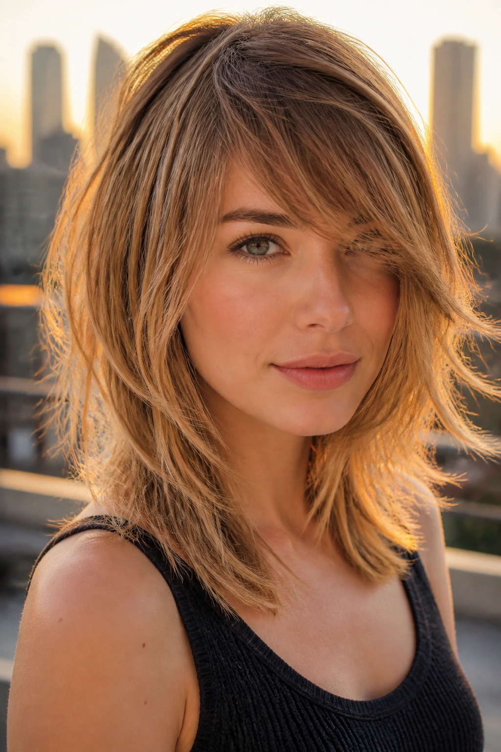 Portrait of a person with wispy razor-cut layers and side-swept bangs in golden hour rooftop light.