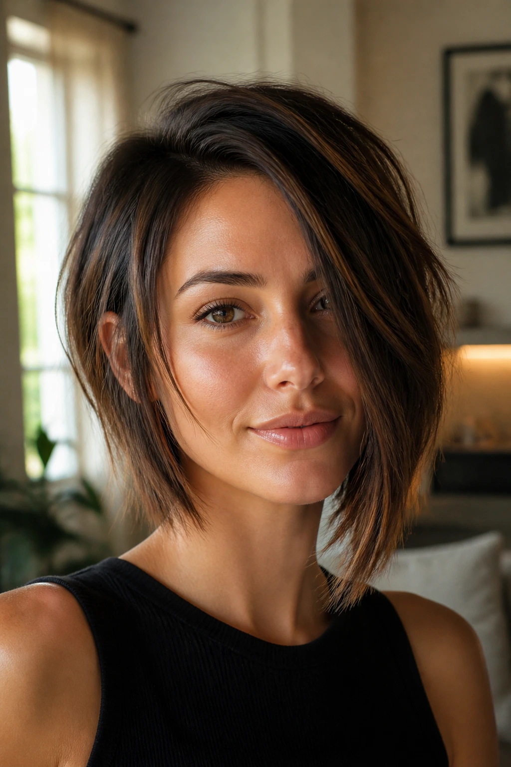 Close-up of a real woman with a razor-cut asymmetrical lob and feathered ends.