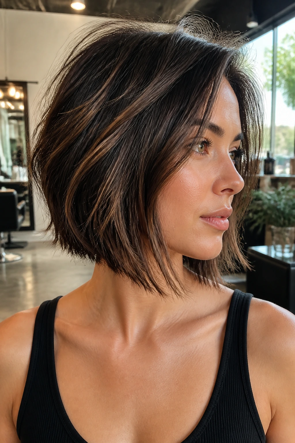 Close-up of a real woman with a razor-cut texturized lob in sunlit salon