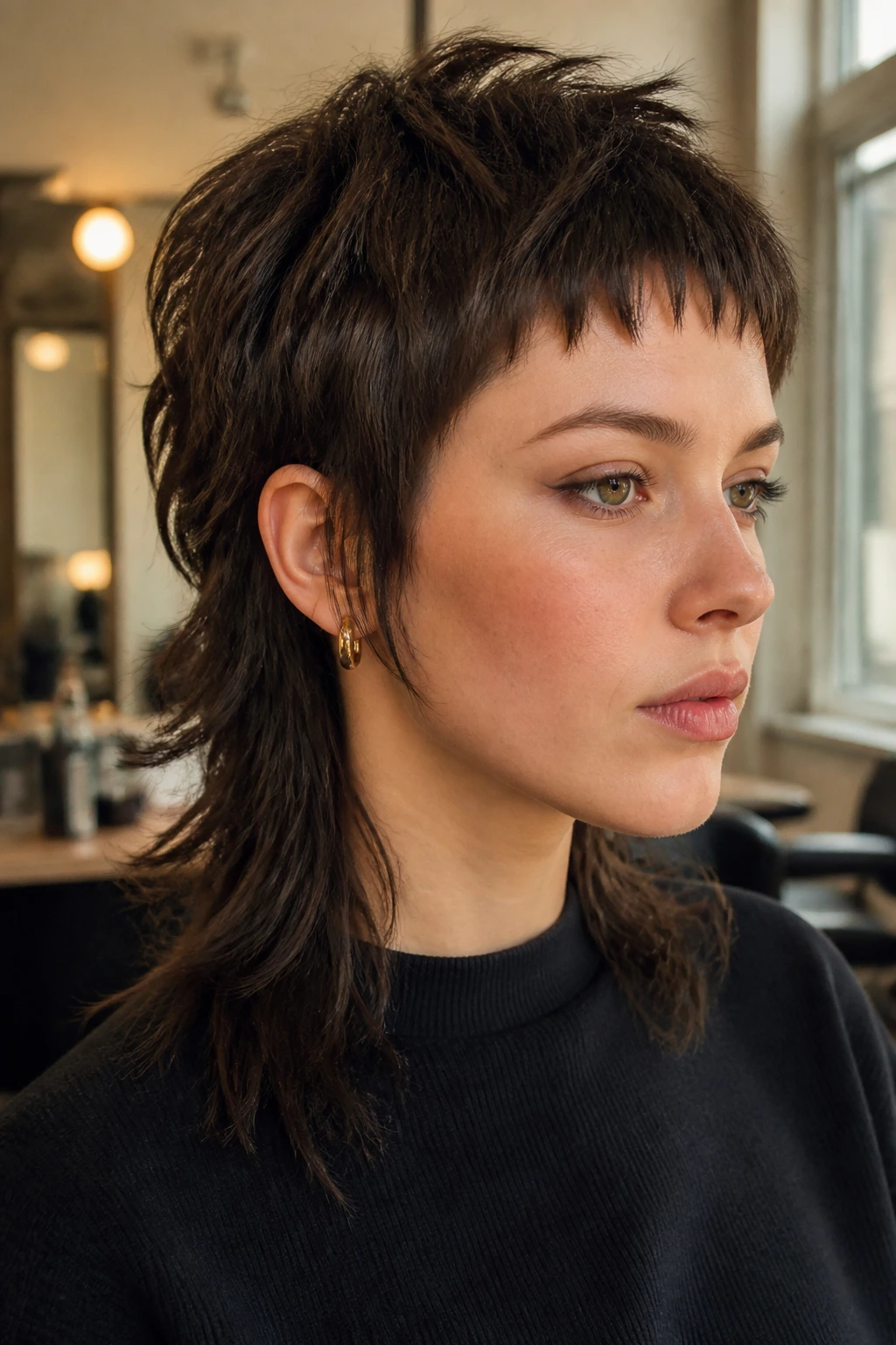 Close-up portrait of a person with a razor-cut mullet and choppy baby bangs in a salon.