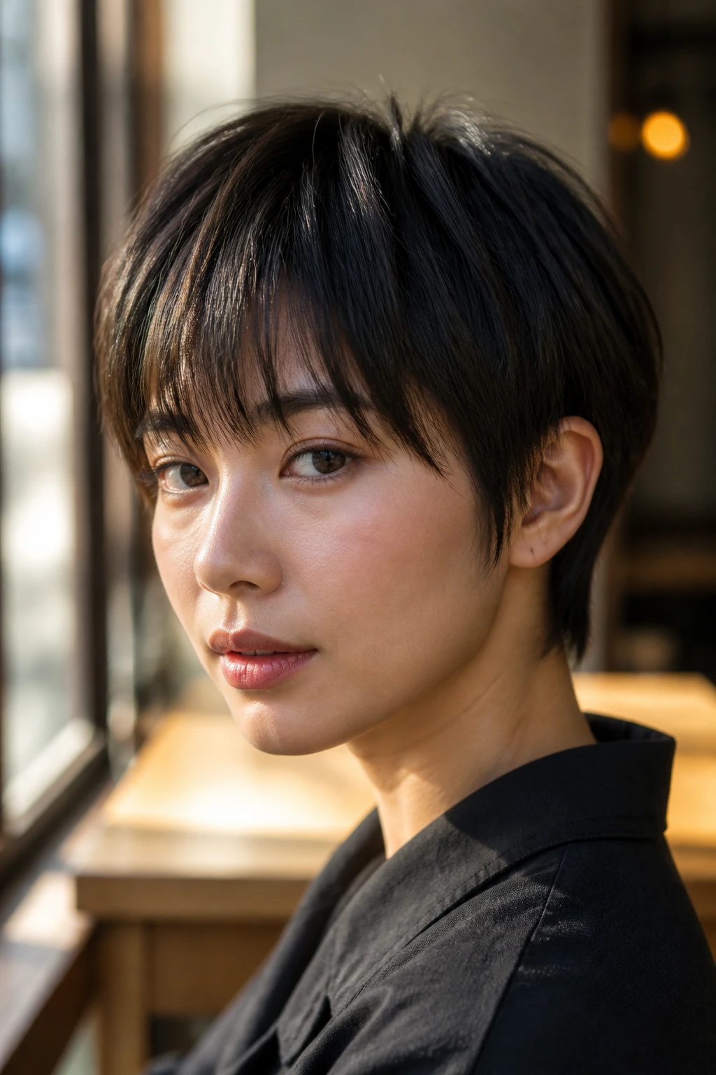 Close-up of a real woman with razor-cut long pixie bangs hair