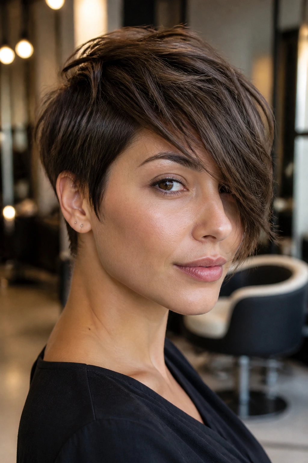 Close-up portrait of a person with a razor-cut pixie and cheek-length side-swept fringe
