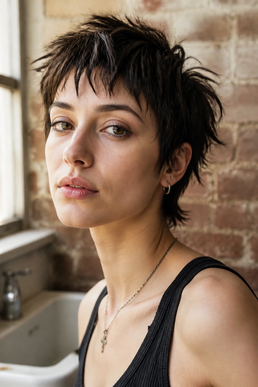 Close-up portrait of a real woman with a razor-cut pixie and frayed ends