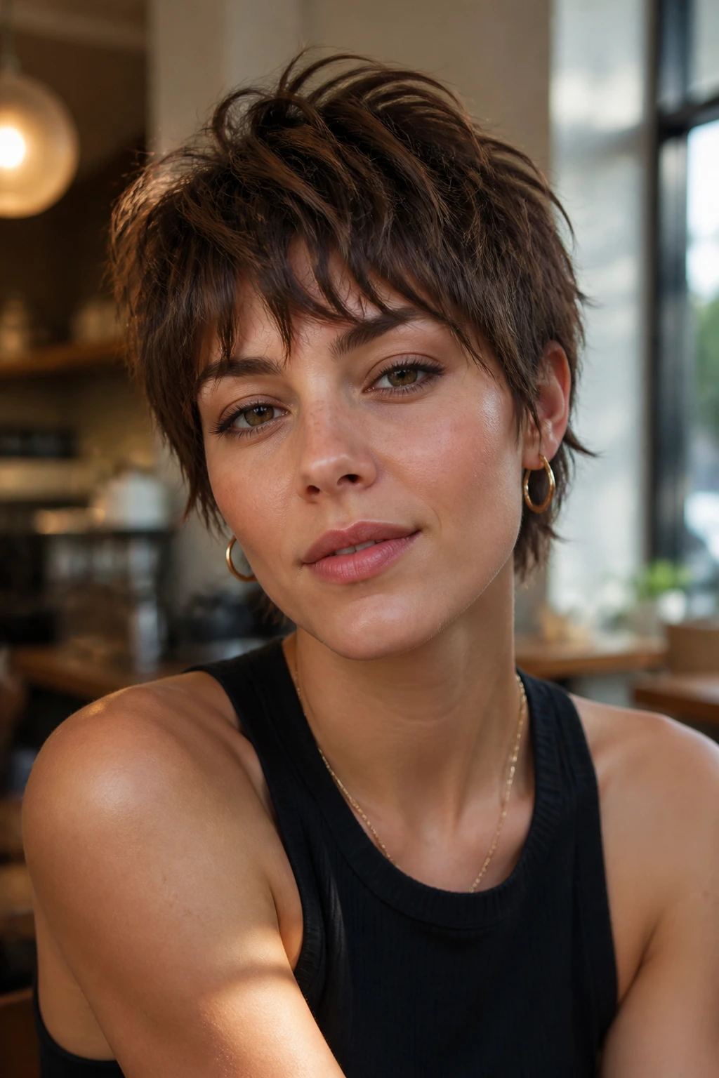 Close-up portrait of a person with a razor-cut pixie shag hairstyle in a sunlit cafe