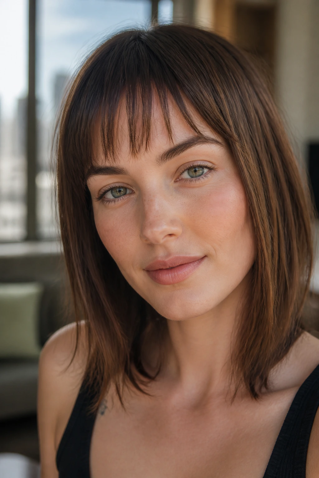 Razor-cut pointy bangs on a real person in natural light