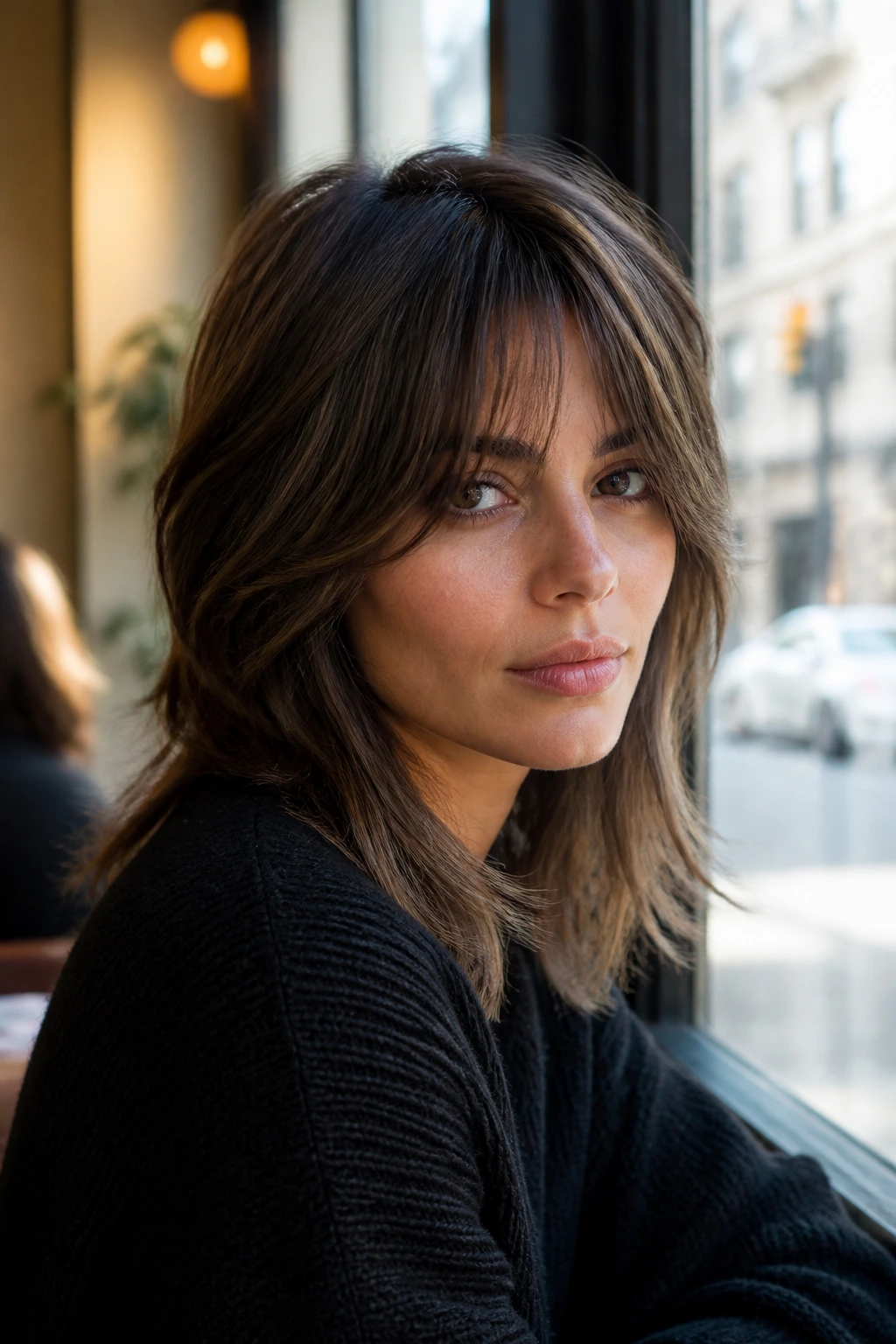 Close-up portrait of a real woman with razor-cut shag and curtain bangs in a sunlit cafe