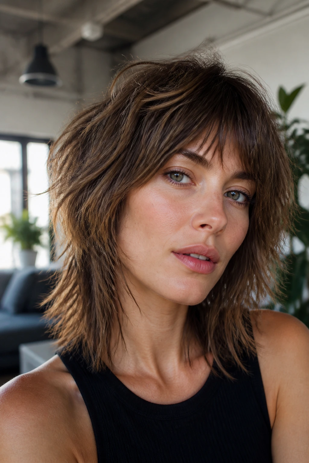 Close-up of a real woman with razor-cut shag in a chic loft setting