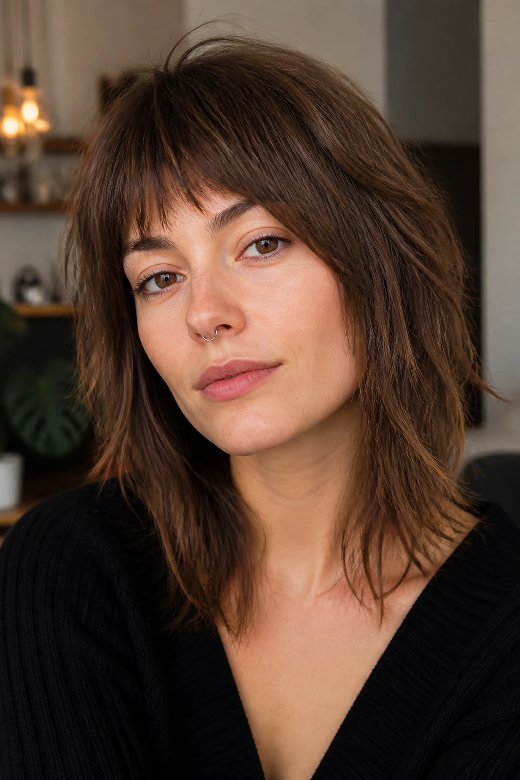 Close-up of razor-cut shag with piecey baby bangs in warm interior light