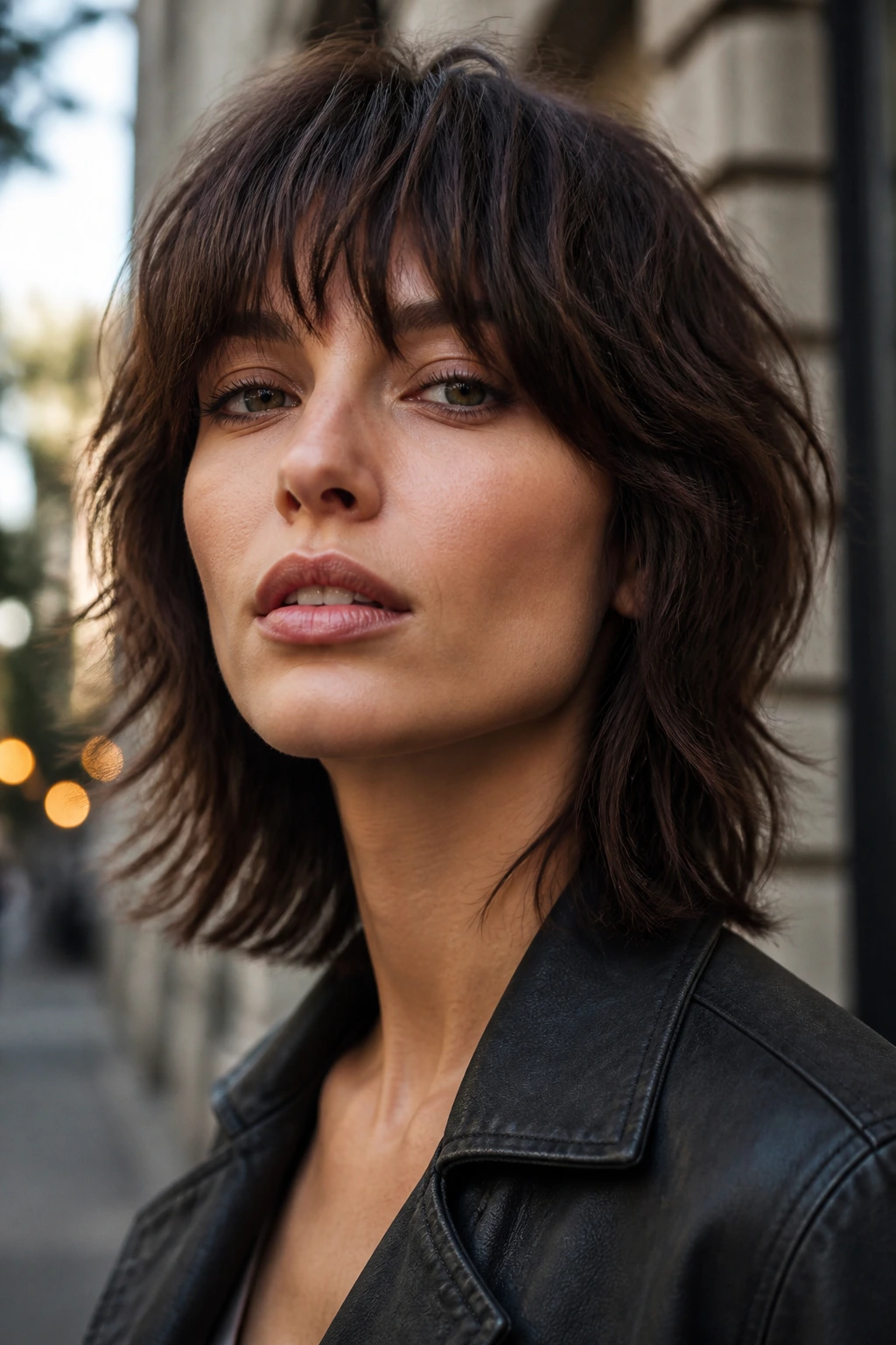 Close-up portrait of a real person with razor-cut shag bangs in dark mocha.