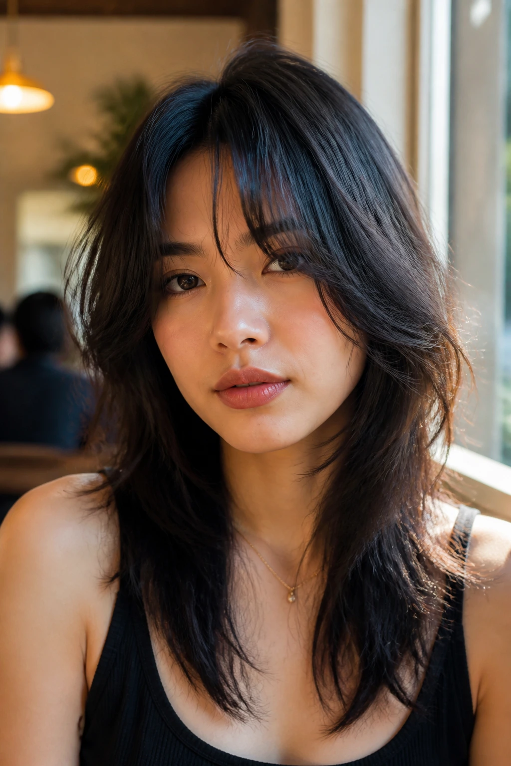 Close-up portrait of a real Asian woman with a razor-cut shag and curtain bangs in warm cafe light