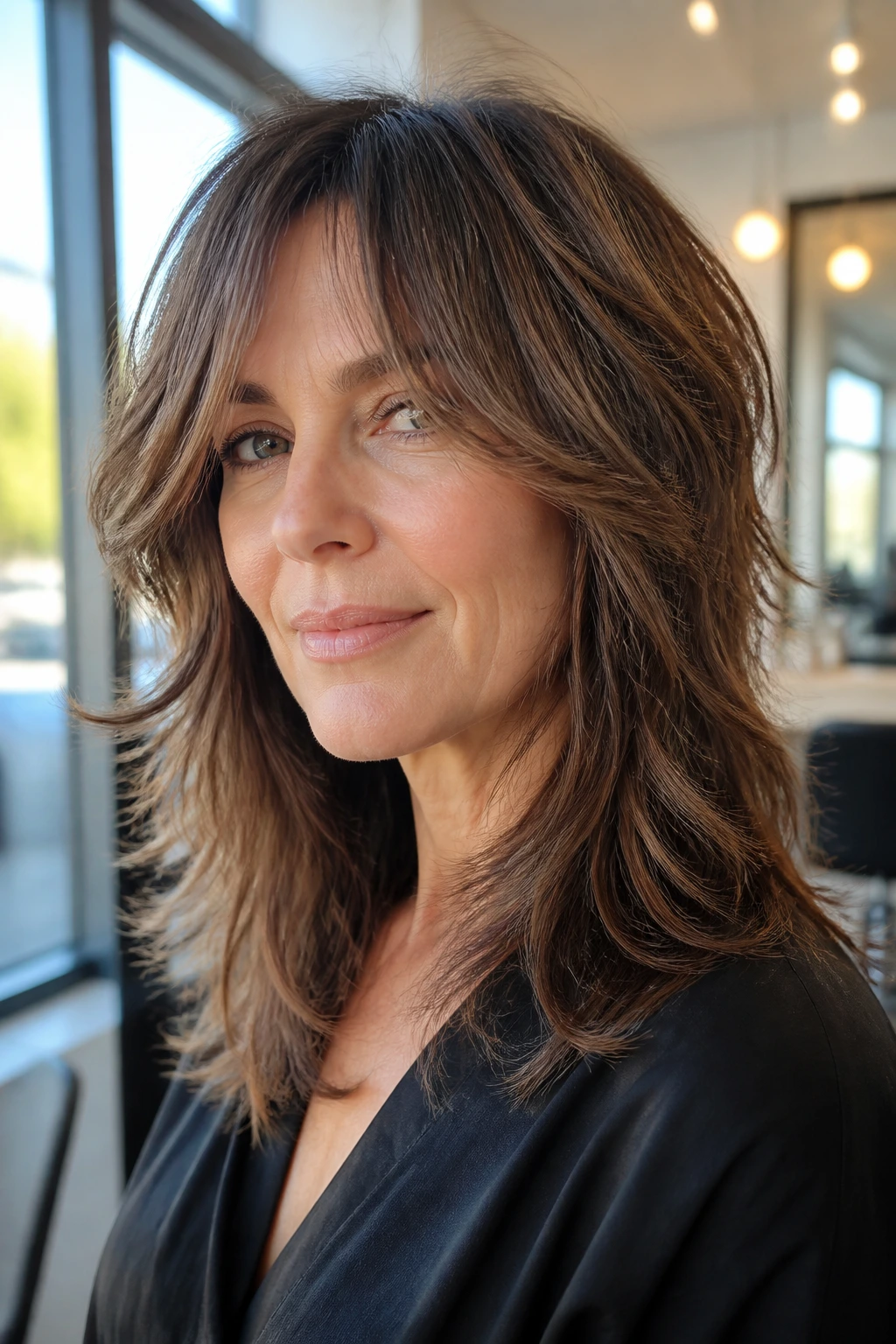 Close-up portrait of a woman with razor-cut shag and curtain fringe