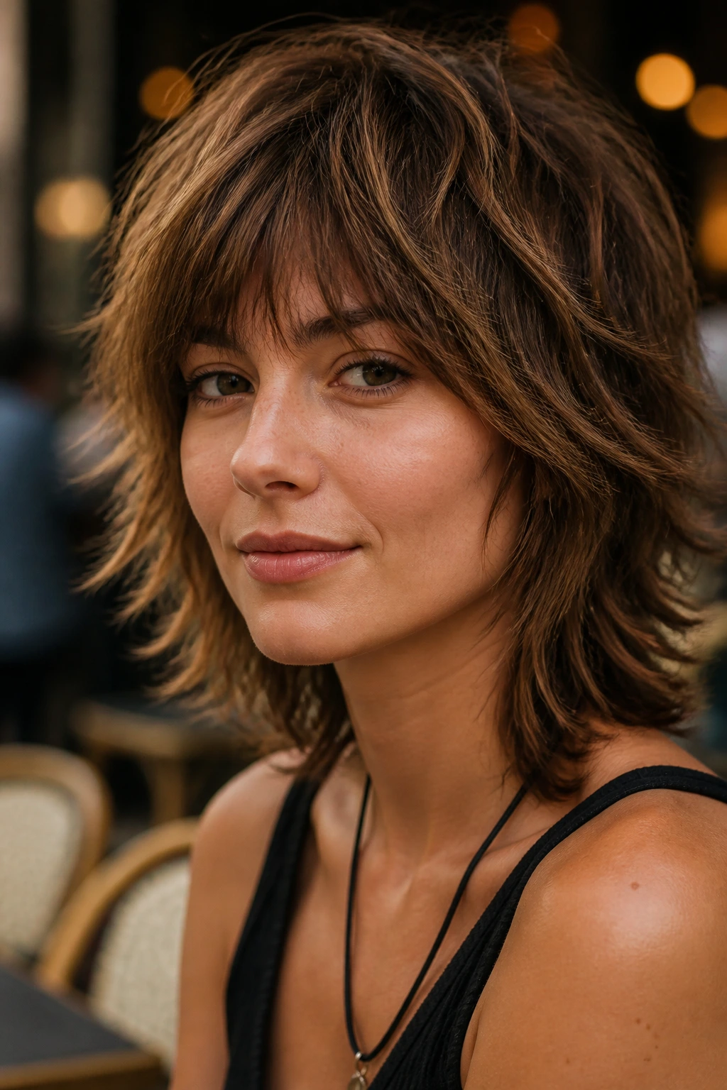 Close-up of a woman with razor-cut shag hairstyle showing textured layers