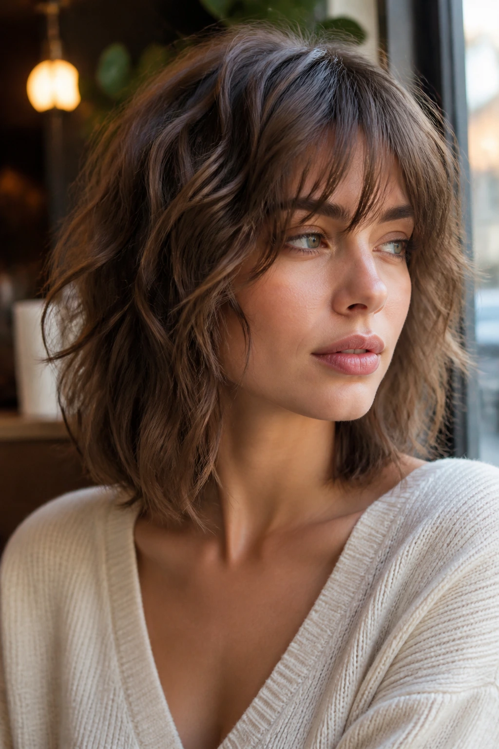 Close-up of a real person with a razor-cut shaggy lob and soft waves.
