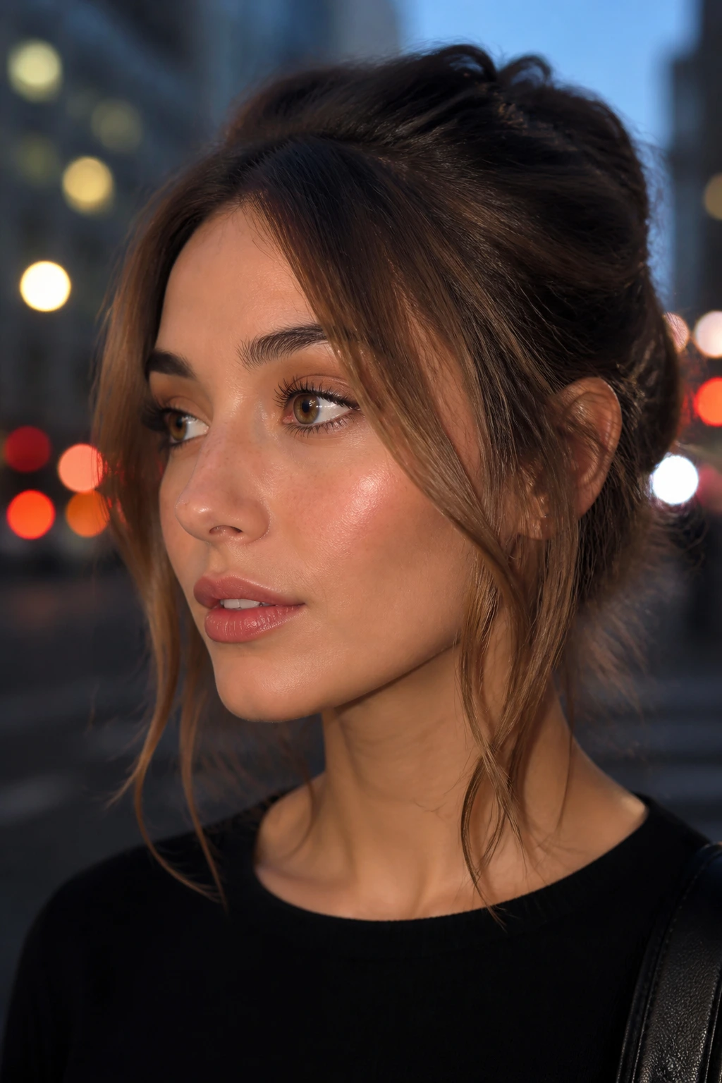 Close-up of real woman with razor-cut face-framing tendrils on urban street at dusk