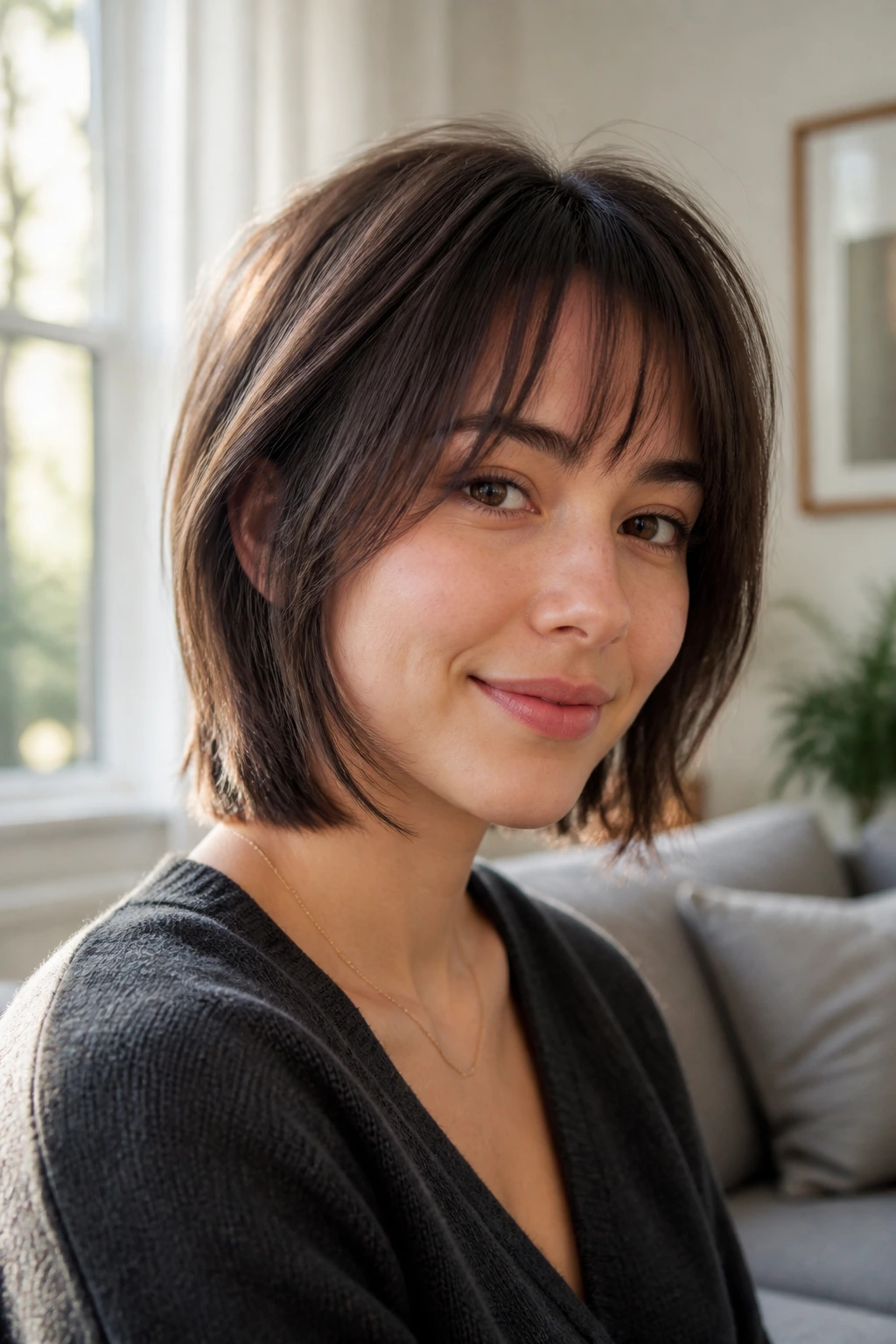 Head-and-shoulders portrait of a real woman with a soft layered razor-cut hairstyle