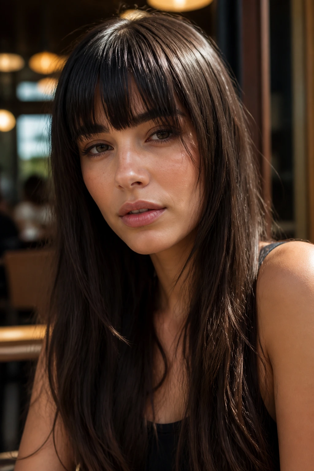 Close-up of a real person with a textured straight fringe that splits into segments
