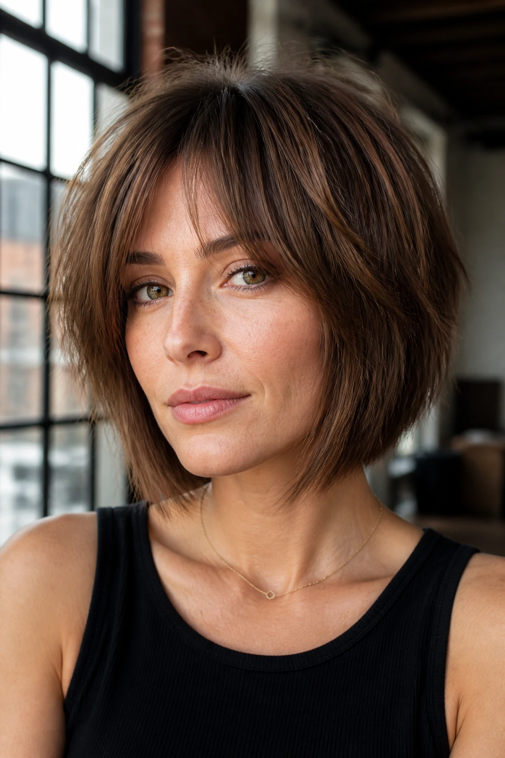 Close-up of a real woman with a razor-cut stacked bob showing soft jagged edges