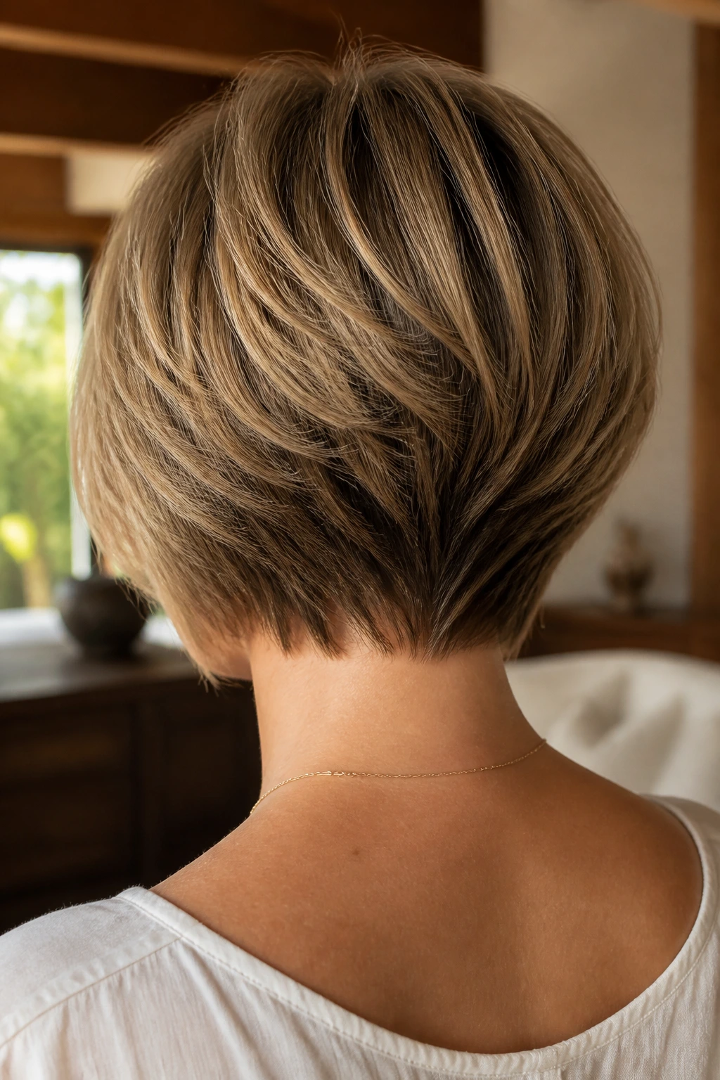 Back-of-head portrait showing razor-cut stacked nape with feathered layers on a real woman.