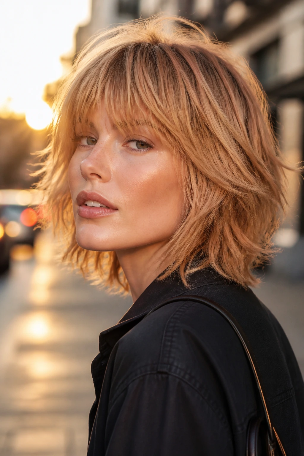 Close-up of a real woman with a razor-cut strawberry blond shag