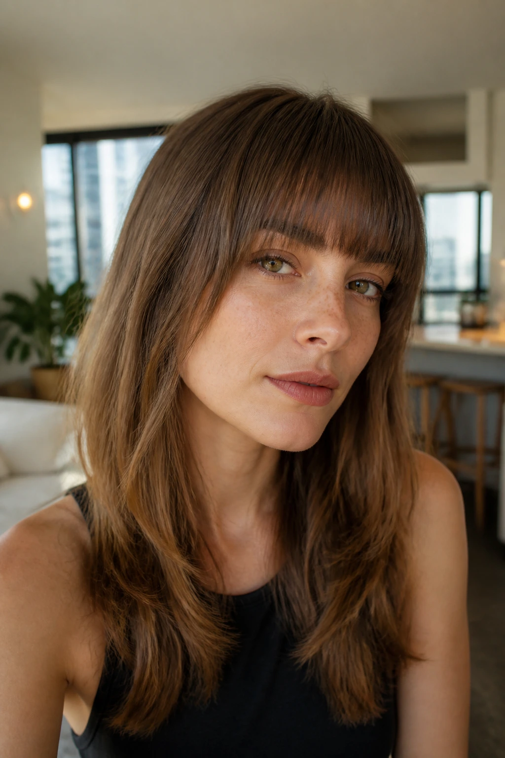 Close-up of a real person showing razor-cut tapered fringe blending into longer sides.