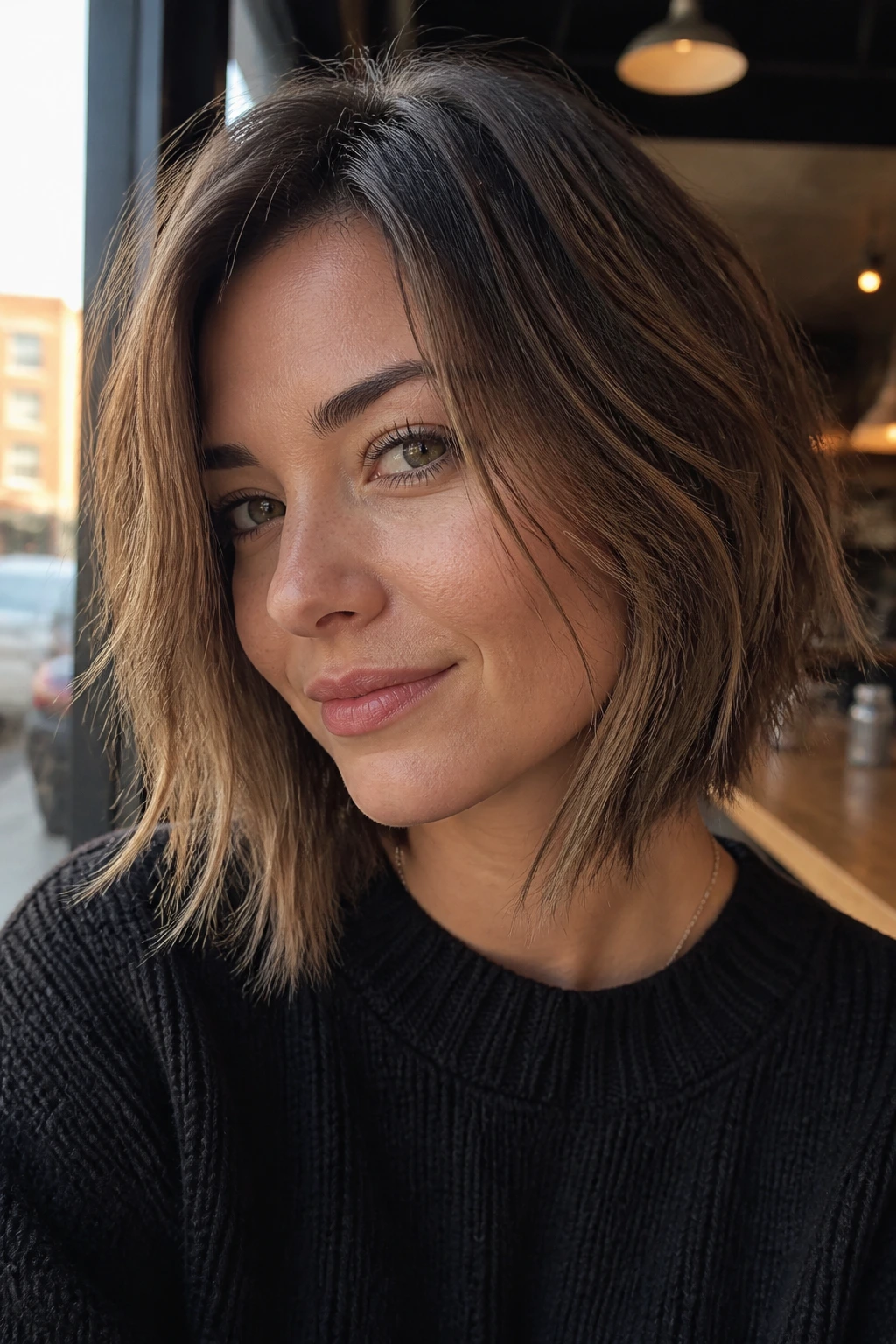 Close-up portrait of a real woman with a piecey razor-cut A-line showing feathered ends