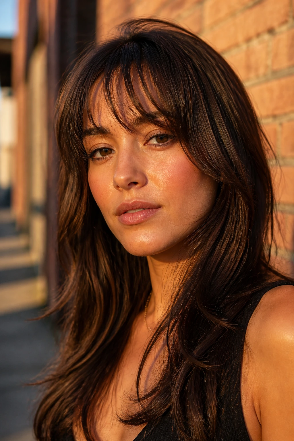 Close-up portrait of a real woman with razor-cut textured bangs in golden hour light