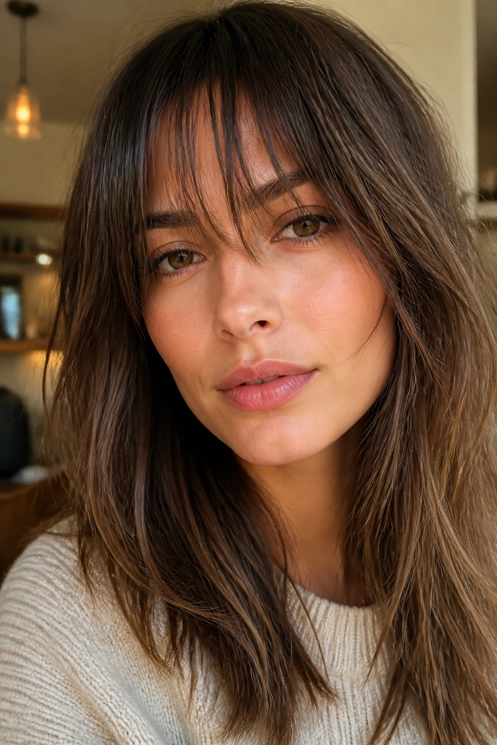 Close-up of a real person with razor-cut textured bangs and wispy tips in warm light