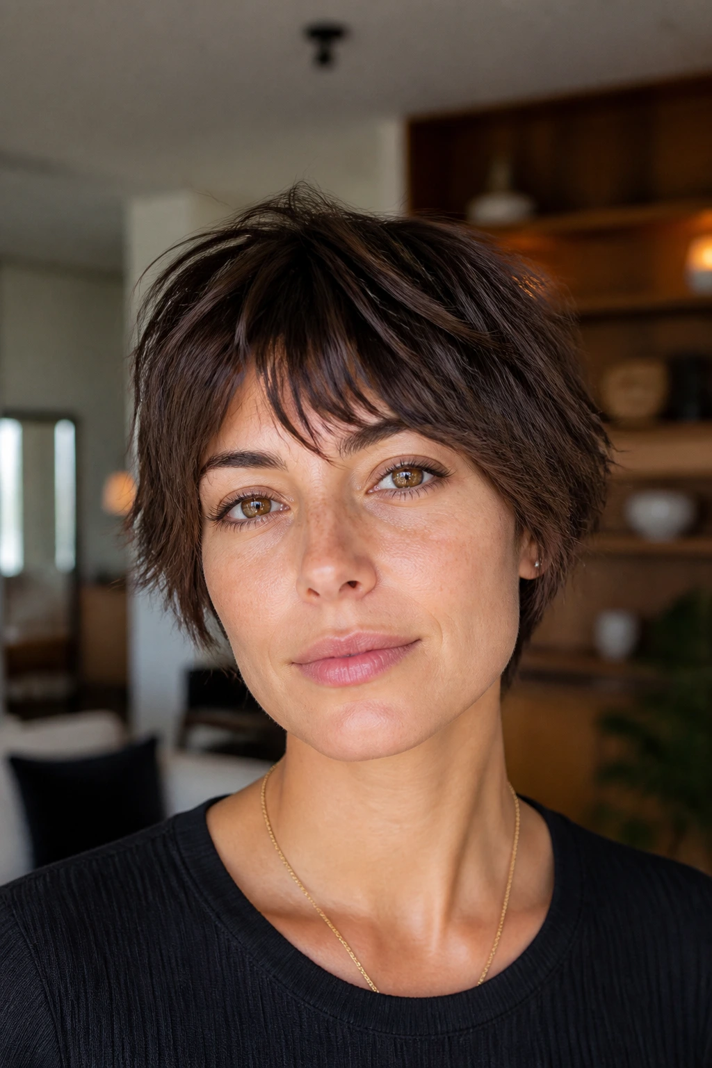 Real woman with razor-cut textured crop and piecey ends