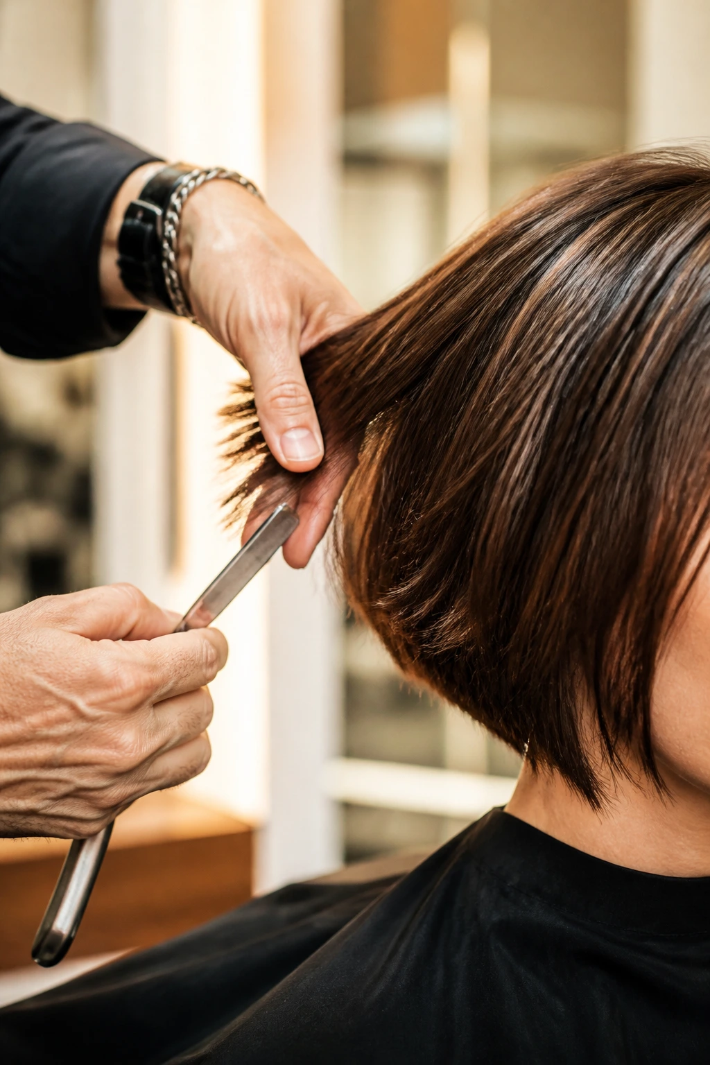Hair stylist demonstrating razor-cut technique on a real client in a salon