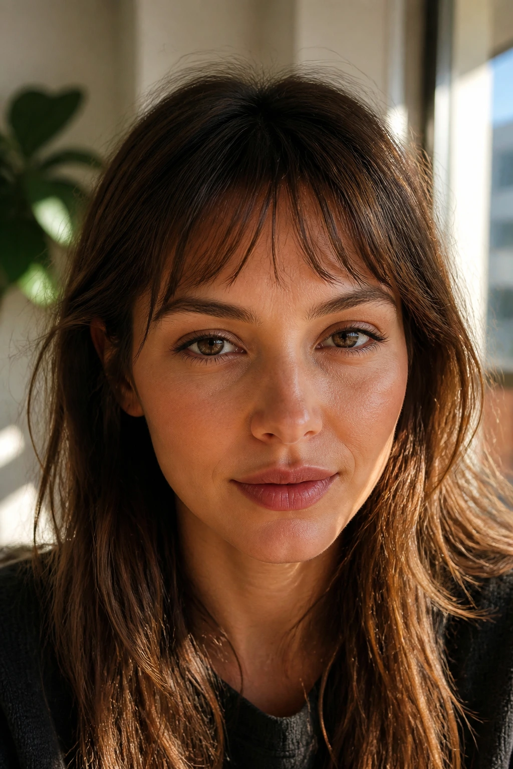 Close-up portrait of a woman with a razor-cut wispy micro fringe