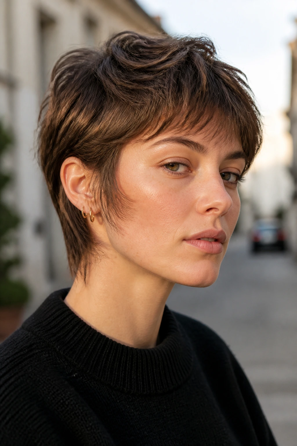 Close-up portrait of a real person with feathered razor-cut hair and wispy sideburns
