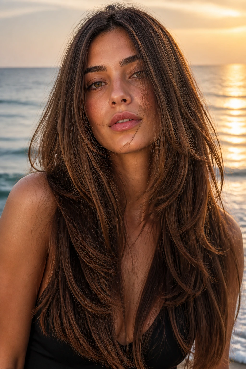 Portrait of a person with long razor-cut layers hair movement