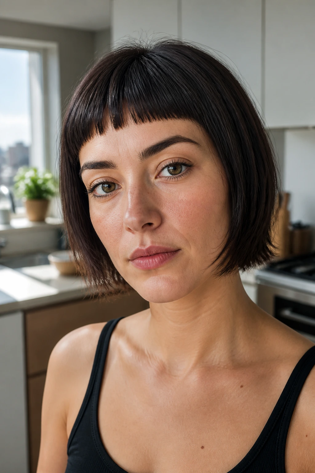 Close-up of a real woman with razor-cut micro fringe in sunny kitchen light