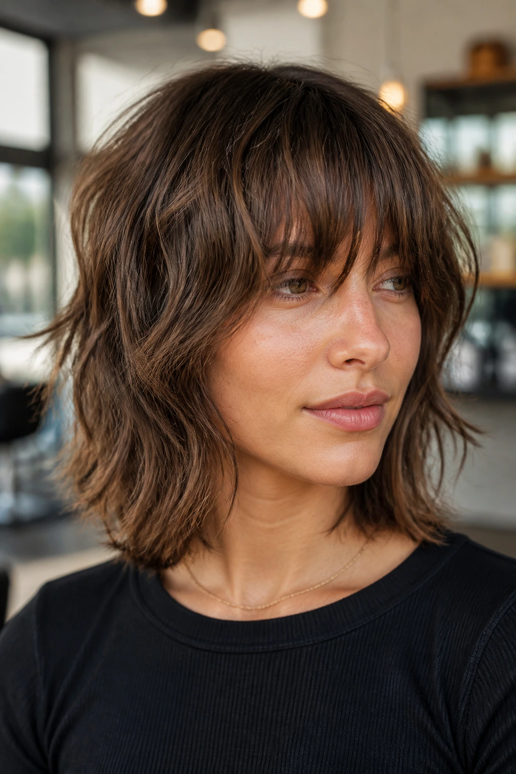 Close-up portrait of a real woman with mid-neck razor shag and eyelash-length bangs