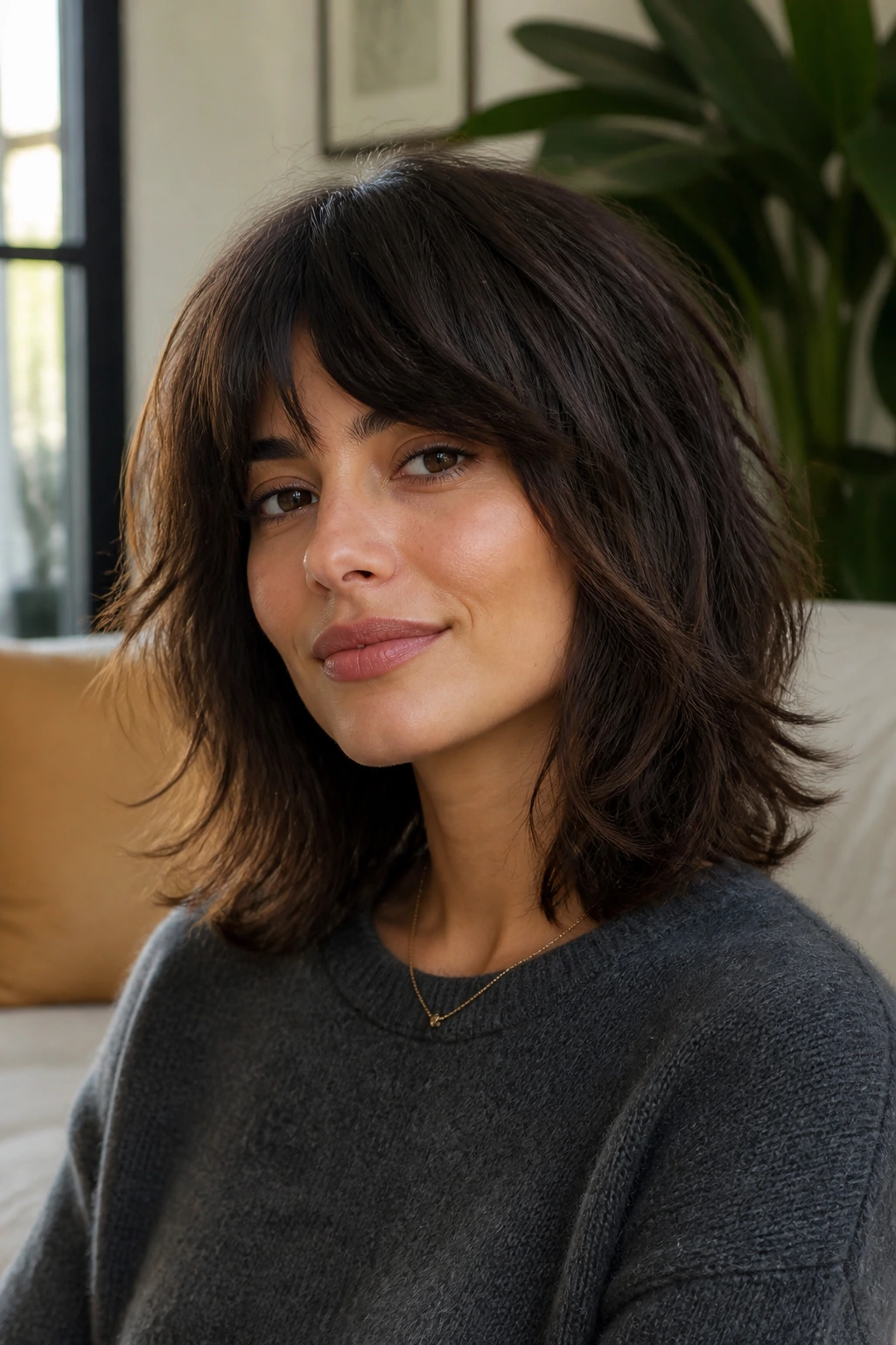Portrait of a person with shoulder-length razor-cut shag showing textured ends