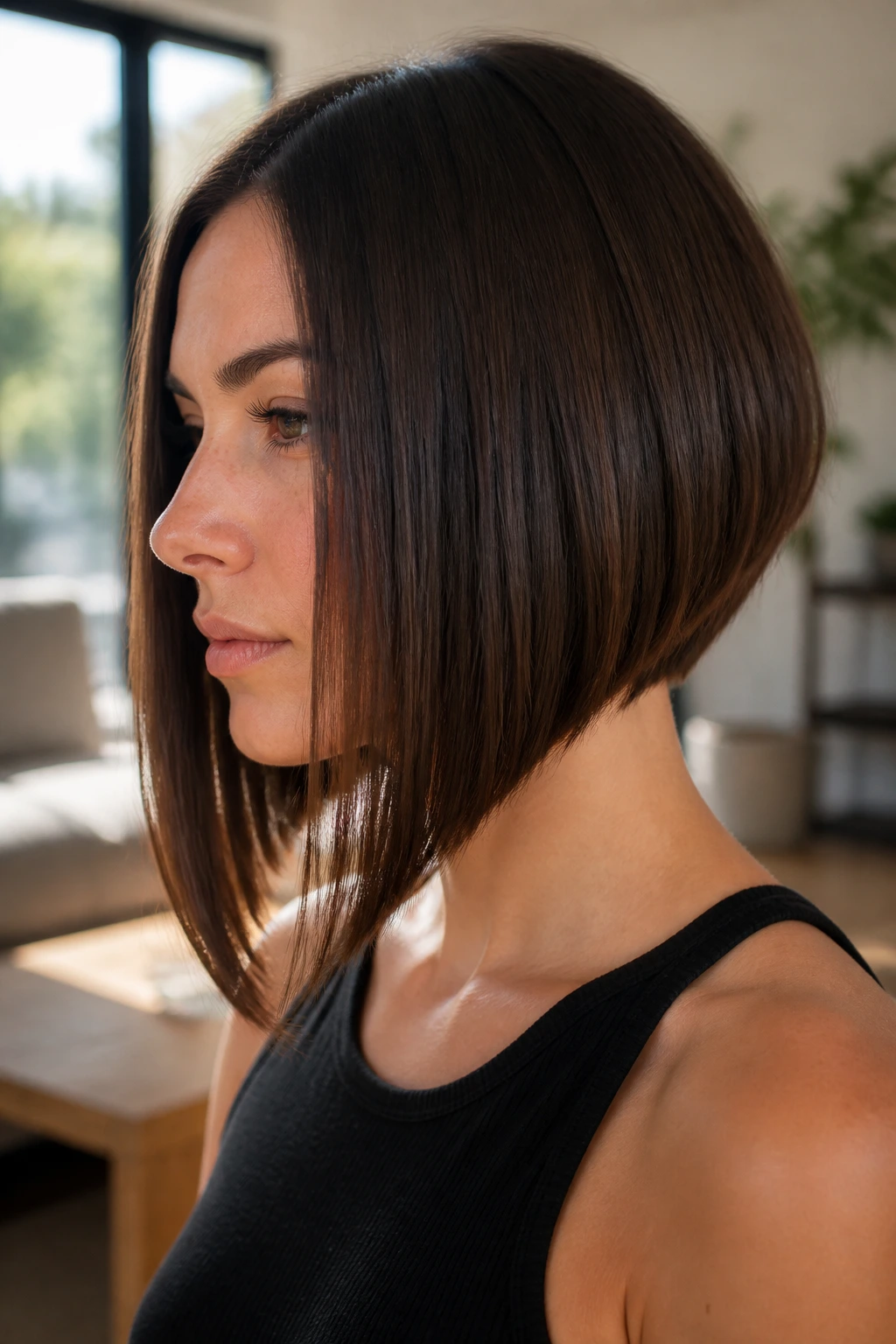 Close-up portrait of a real woman with a razor-sharp graduated bob.
